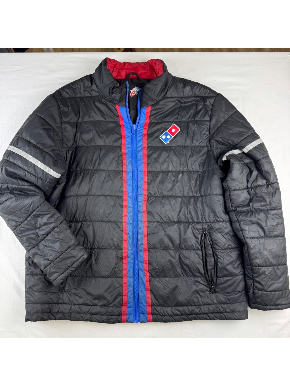 Domino's Black Nylon Puffer Jacket with Logo and Reflective Stripes XL